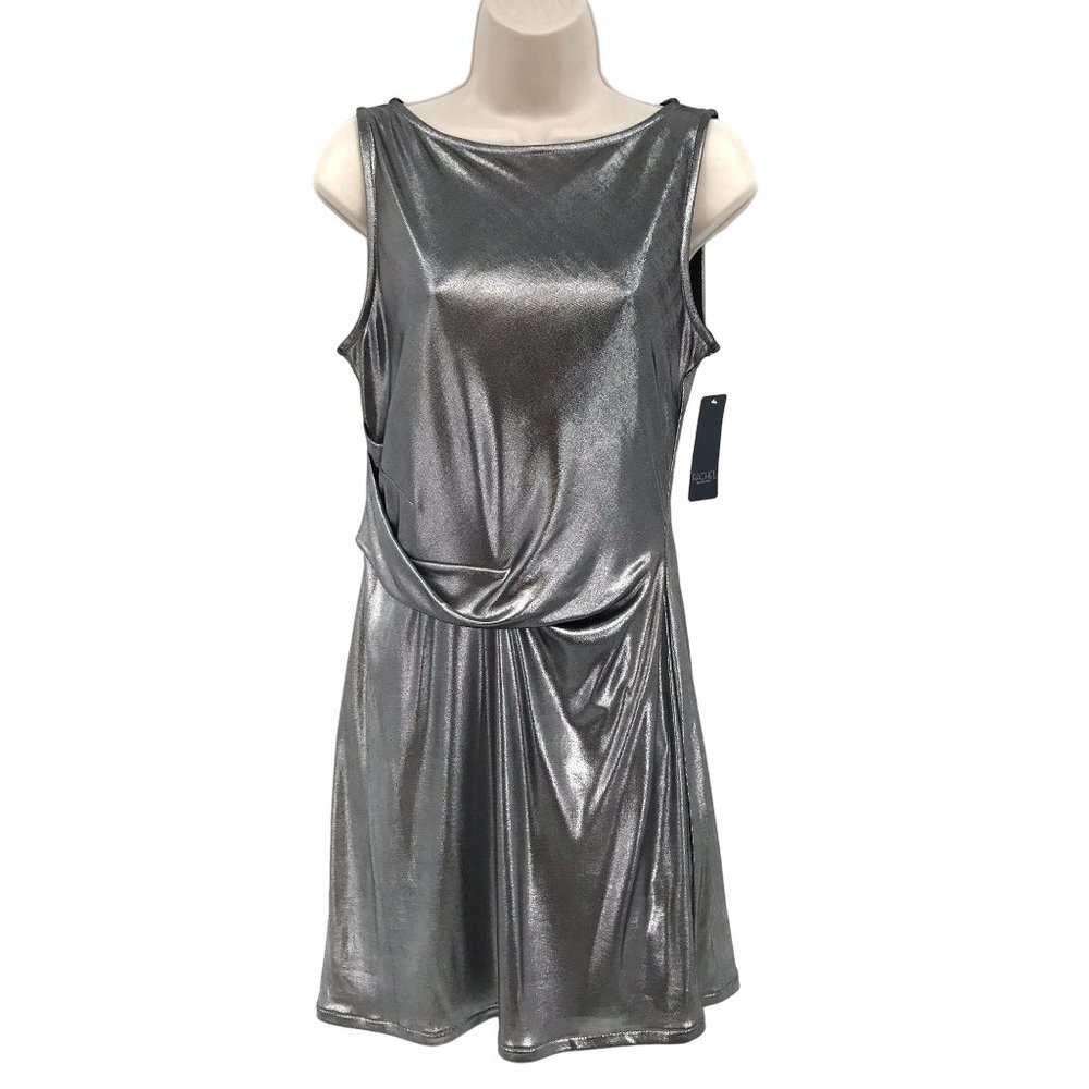 NWT Rachel Roy Womens Silver Metallic Ruched Sheath Mini Dress M Retail $109